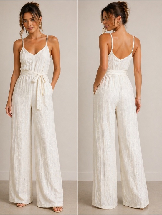 MAJORELLE Pants - MAJORELLE Ivory Textured Wide-Leg Jumpsuit with Tie Waist